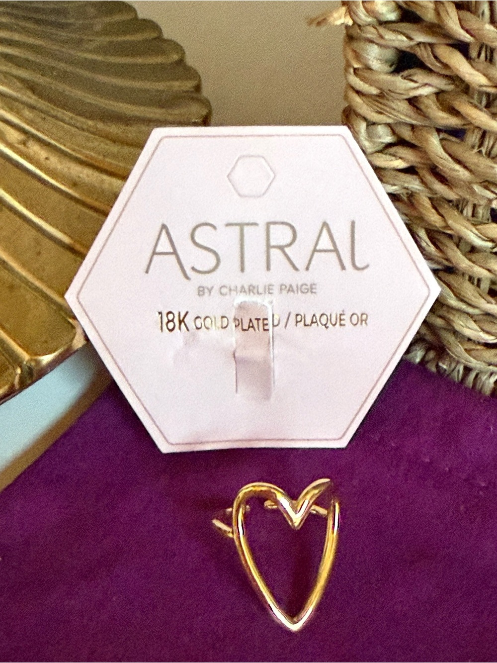 Charlie Paige  18K Gold Dipped Heart Ring - Gold tone Adjustable Summer Artsy